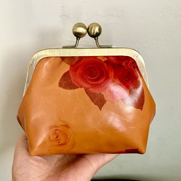 Handmade Vintage Style Genuine Leather Floral Print Purse/Wristlet/Crossbody - Picture 2 of 16